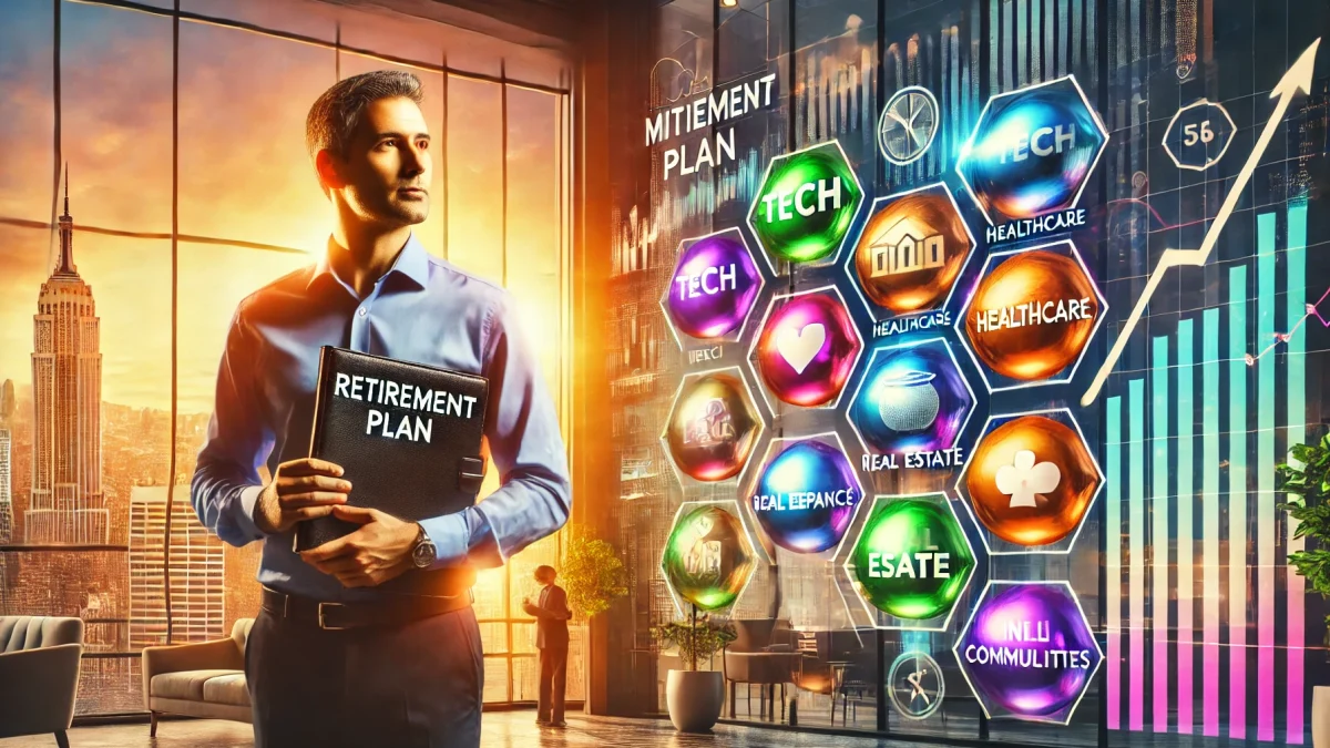 DALL·E 2024-11-08 08.25.53 – A high-definition, colorful image showing a realistic, modern financial setting. In the foreground, a confident individual holds a portfolio labeled ‘ 5 hidden mistakes to avoid: “If you want to retire as a millionaire”
